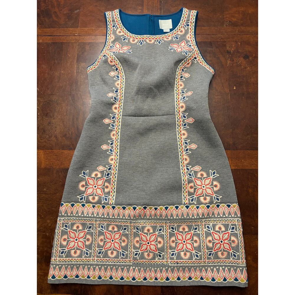 Maeve Anthropologie Embroidered Grey Shift Dress Sz 10 Boho